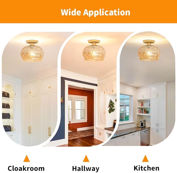 Brushed Brass Semi Flush Mount Ceiling Light with Amber Globe Glass Shade, Modern Hallway Lighting Fixtures, Vintage Ceiling Light for Kitchen, Bedroom, Closet, Entryway, Porch