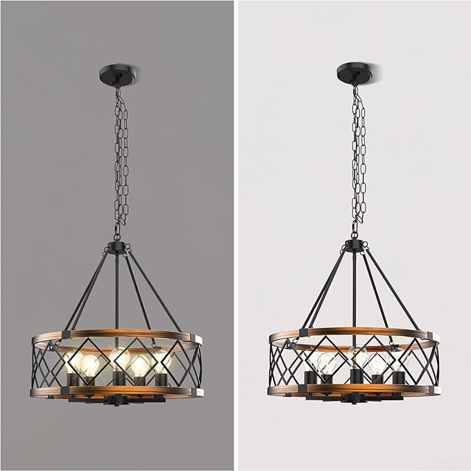 5-Light Black and Gold Chandelier, Farmhouse Industrial Pendant Light Adjustable Height Metal Hanging Fixture E26 Base for Kitchen Island, Dining Room, Living Room