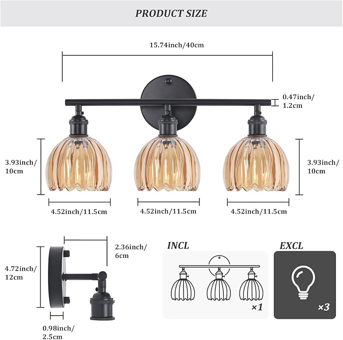 Shenmoyl Bathroom Light Fixtures, 3-Light Black Vanity wall Light Over Mirror with Amber Tulip Glass Shade for Bedroom Living Room (Bulb Not Included)