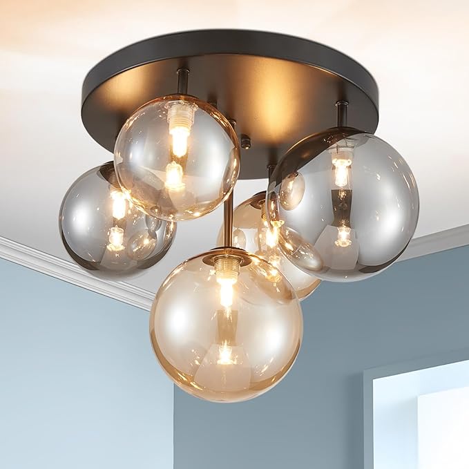 Shrine Lighting Bubble Glass Ceiling Light, Flush Mount Ceiling Light for Living Room, D14'' x H12'', G9*4 Sockets, Globe Glass Shade & Black Finish Frame