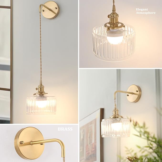 Shenmoyl Battery Operated Wall Sconce with Clear Striped Shade Pattern Glass Adjustable Chain Retro Gold Wall Mounted Light, Modern Wall Decor for Bedside Bedroom Indoor Doorway， Set of 2