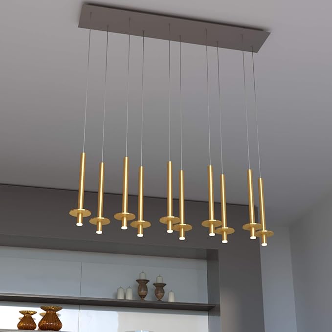 Draco 10 Pendant Lighting Brass – LED Hanging Light Fixture for Kitchen Island, Bar, Foyer – Equilateral Cluster of Mini Metal Rod Pipe Tube Cylinders – Dimmable, Adjustable Wire, Lamp Bulb Included