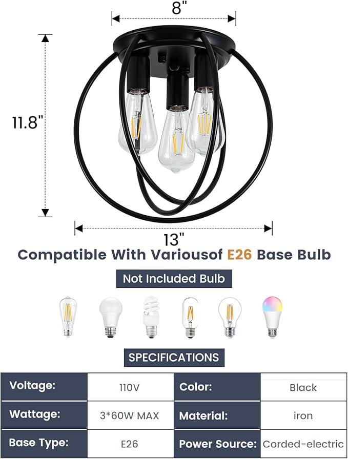 3 Light Industrial Ceiling Light Black Semi Flush Mount Lights Close to Ceiling Light Fixtures,cage Design Farmhouse Ceiling Lighting for Kitchen Bedroom Bathroom Foyer Hallway (E26, 1Pack)
