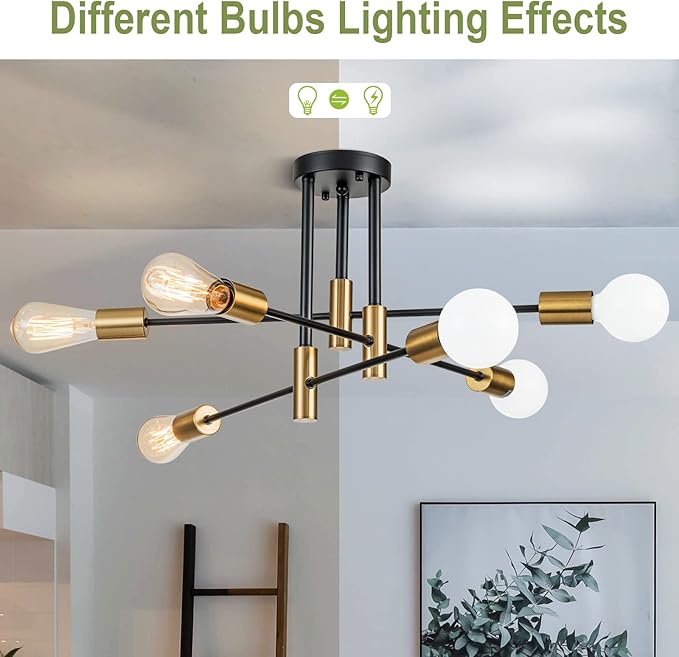 6-Light Modern Sputnik Chandeliers, Black Gold Semi Flush Mount Ceiling Light Fixture, Industrial Farmhouse Kitchen Lighting Fixtures Ceiling Mount for Living Room Bedroom