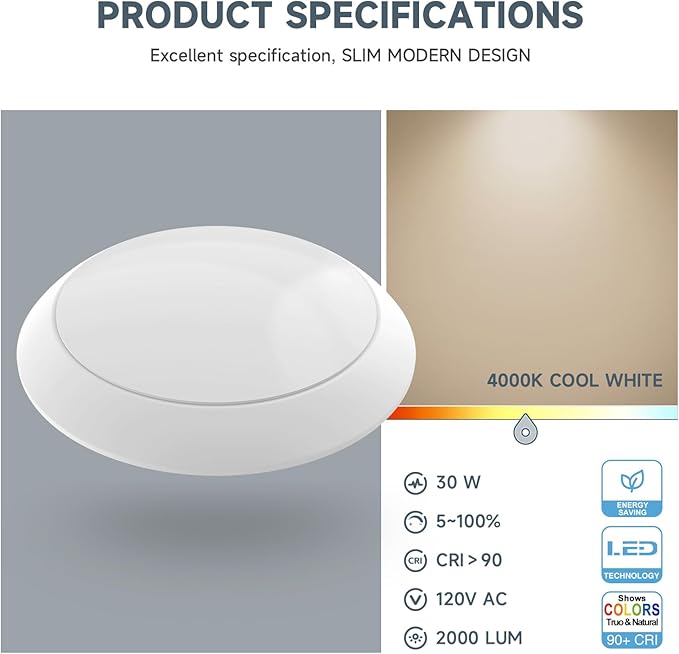 ECOELER 8 Inch LED Round Dimmable Flush Mount Ceiling Light, 30W, 2000 Lumens, 4000K, Cool White, Surface Mount LED Ceiling Light, Aluminum Baffle Trim, ETL Listed