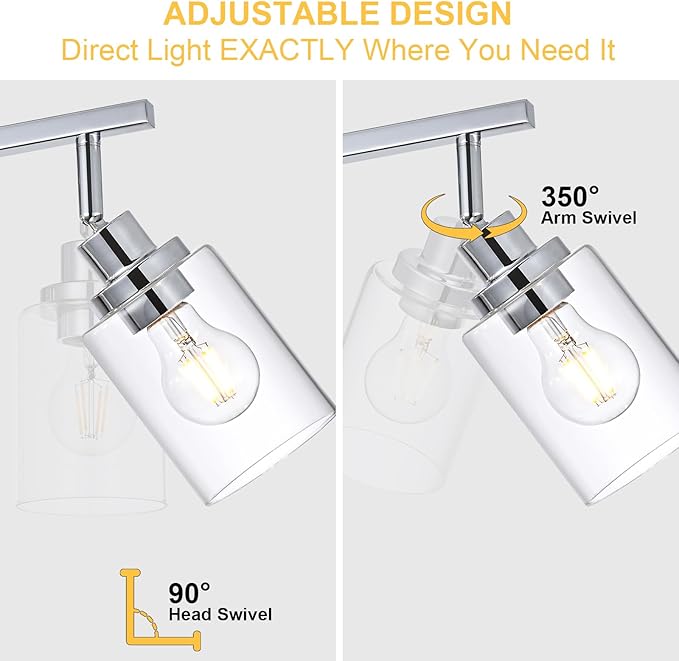 2-Light Track Lighting Kit Ceiling Kitchen Track Lighting Fixtures Chrome Bathroom Vanity Wall Lights with Clear Glass Multi-Directional Rotating Tracking Light Heads Spotlight for Accent Shop
