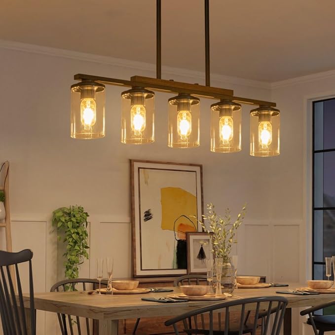 Farmhouse Dining Room Light Fixture, 2026 Upgrade 5-Light Pendant Lights Kitchen Island Lighting, 32.4" Black Farmhouse Chandeliers for Dining Room Chandelier Over Table with Wood Clear Glass Shade