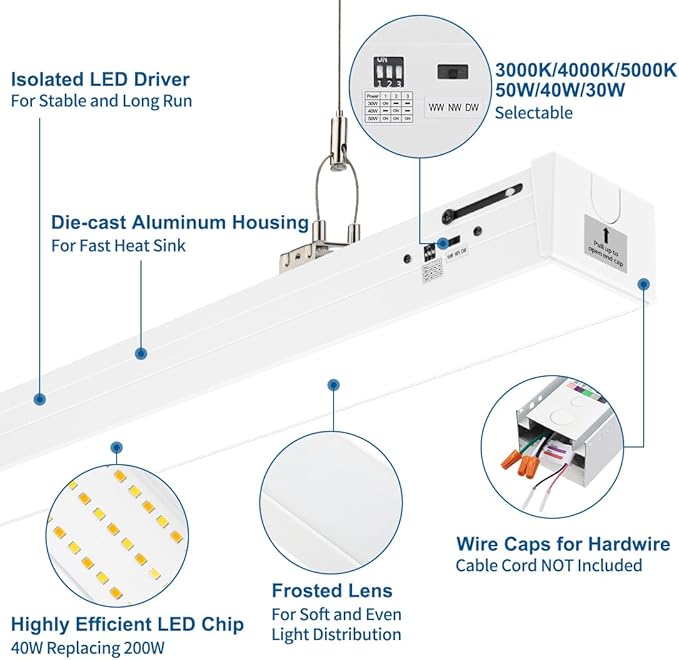 DAKASON 4FT Linkable LED Linear Light, 50W/40W/30W, 3000K/4000K/5000K CCT Selectable, Commercial Linear Lighting Fixture for Office, Dimmable Suspended/Flush Mount Light, White 1 Pack