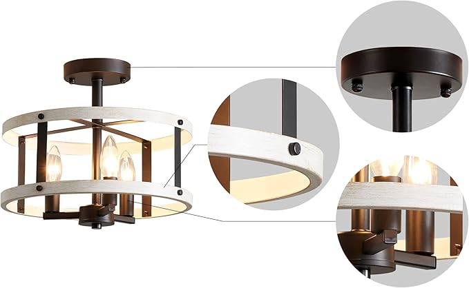 AGV LIGHTING Farmhouse Semi Flush Mount Ceiling Light Fixture There-Light Close to Ceiling Light, White Ash Wood Texture with Black Bronze Finish