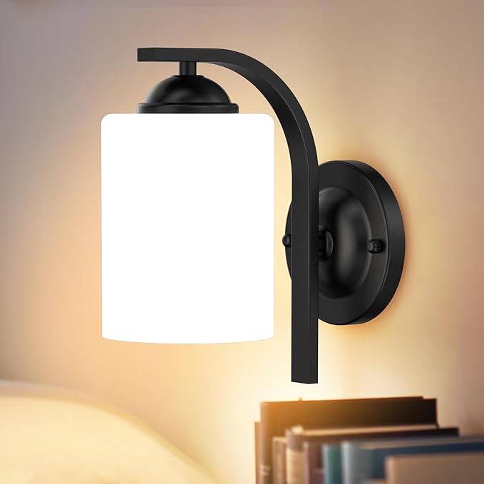 Wall Sconces Lights Lamp for Bedroom Bathroom, Modern Vanity Light Fixtures, Matte Black Farmhouse Wall Mount Lighting Lanterns with Glass Shade for Living Room Mirror Hallway Kitchen