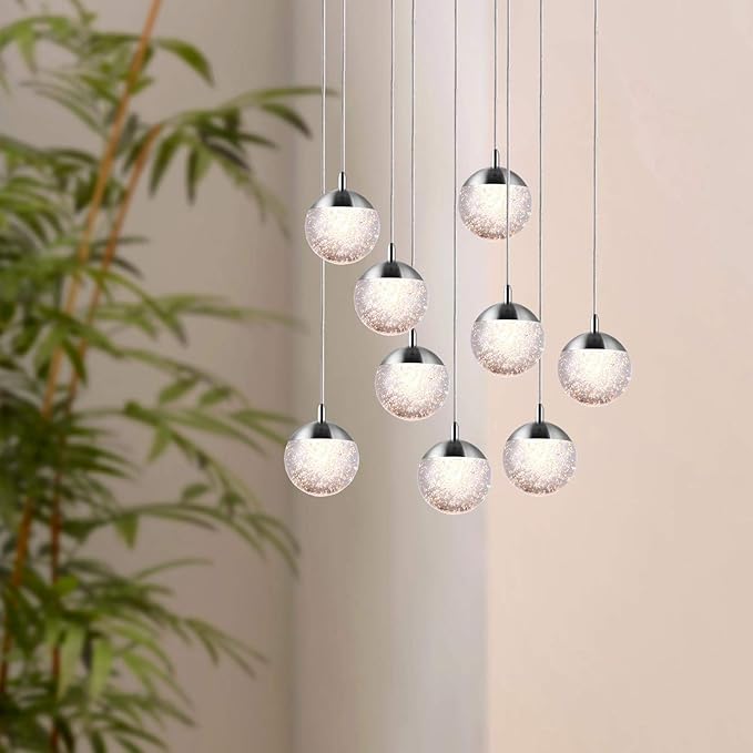 contec development Galaxy 9 Mini Pendant Crystall Ball Lighting Nickel - LED Hanging Light Fixture: Kitchen Island, Bar, Foyer - Cluster Pendants - Dimmable, Adjustable Wire, Lamp Bulb Included