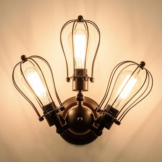 Luling Vintage Ceiling Light Industrial, Chandeliers Adjustable Socket Metal Wire Cage Lamp Semi-Flush Mount Rustic Ceiling Light Metal Lamp Fixtures (No Bulb) (with 3 Light) (Rust Color) (Rust)