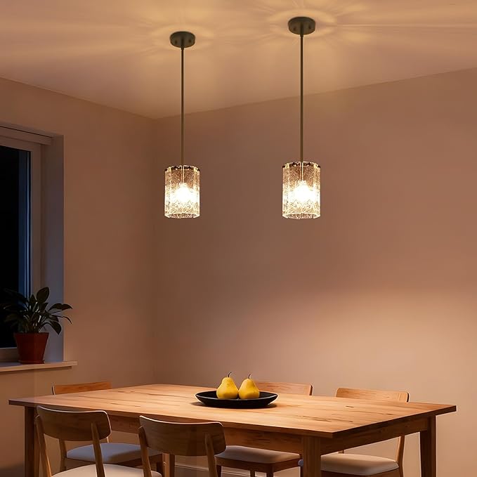 Matte Black Pendant Light, Modern Round Handmade Glass Hanging Light Fixture, Industrial Cylinder Mini Chandelier for Kitchen Island Dining Room Entryway