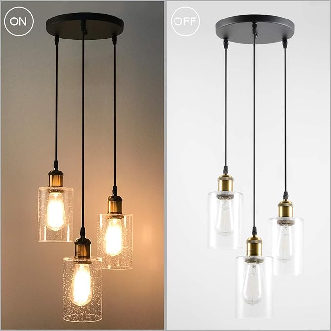 VILUXY 3-Light Black Pendant Light, Modern Farmhouse Seeded Glass Shade Cluster Chandelier Hanging Lamp Fixture for Dining Room Kitchen Island Entryway Black and Gold