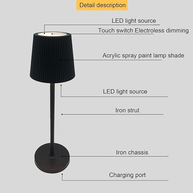 Outdoor Battery Operated Table Lamp Waterproof, Touch Dimmable Desk Lamp, Dimming Up, LED Night Light for Camping Restaurant Home, H10.8in, 5000mAh (Black)