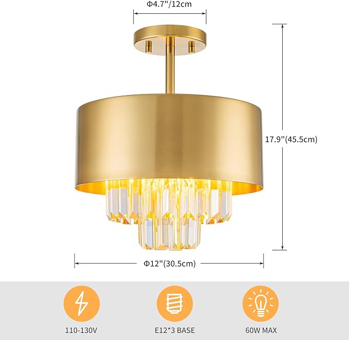 3-Light Luxury K9 Crystal Ceiling Light for Living Room, Foyer, Bedroom, Close to Ceiling Semi-Flushmount Light Fixture, Brass Finish Metal Lampshade & Champagne Crystal Pendant