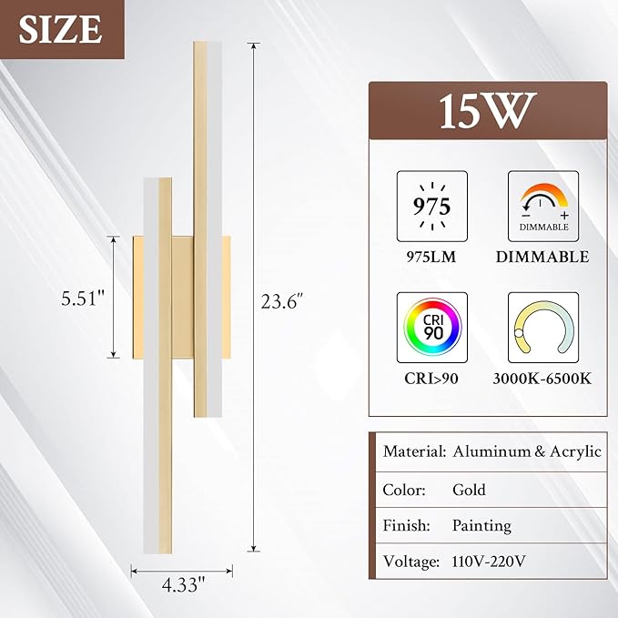 LED Wall Sconce Gold Modern Remote Wall Light Fixtures for Living Room, Dimmable LED Vanity Light Indoor Remote Wall Sconce for Bedside Bedroom Bathroom Dining Room, 23.6inch 1 Pack