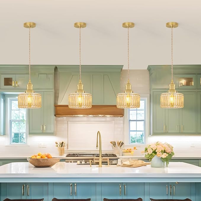 Vintage Pendant Light with Amber Striped Glass Lmapshade, Gold Pendant Lights Kitchen Island, Brass Kitchen Pendant Lighting over Island, Adjustable Hanging Light for Entrance Bathroom Dining Room