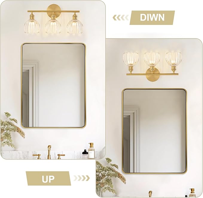 Gold Bathroom Light Fixtures Over Mirror, 3 Light Bathroom Vanity Light Fixture with Tulip Transparent Glass Lampshade, Vintage Vanity Lights for Bathroom, Bathroom Vanity Lights Over Mirror