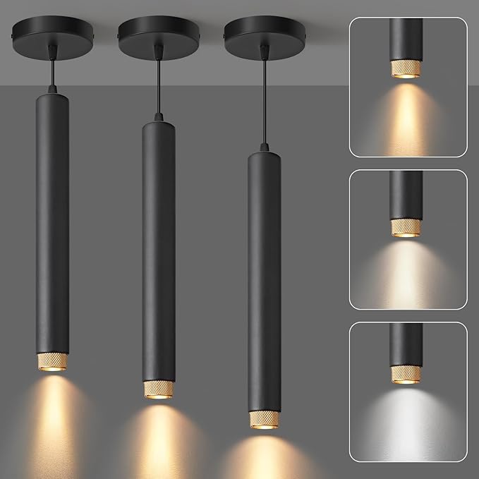 OKELI Modern Black LED Pendant Light for Kitchen Island, 3 Pack – Dimmable Zoomable Pendant, Adjustable Beam Angle, 3 Color Temps 2700K/4000K/6000K, Mini Hanging Light for Bar or Bedroom, 7W 15"