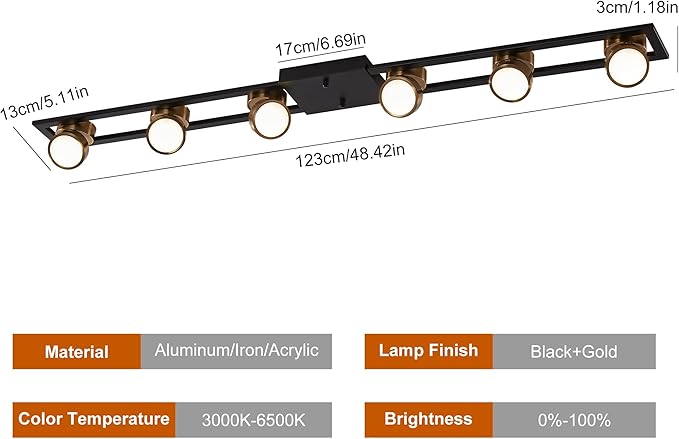 Garwarm Modern Ceiling Light Track Lighting Fixtures, 48.4 Inch Dimmable LED Kitchen Ceiling Light with Remote 6-Light Black LED Chandelier for Dining Room Bedroom