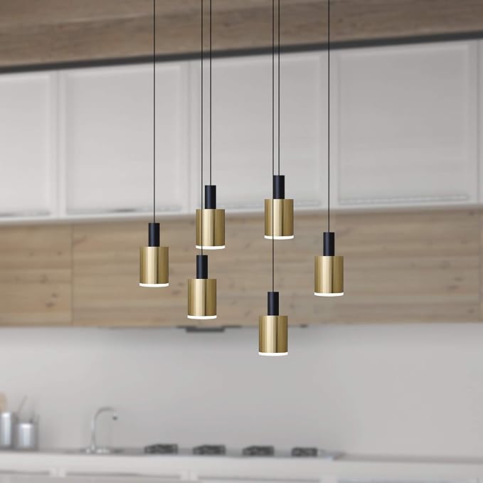 Virgo 6 Mini Pendant Lighting Black-Brass - LED Hanging Light Fixture for Kitchen Island, Bar, Foyer - Cluster Pendants - Dimmable, Adjustable Wire, Lamp Bulb Included