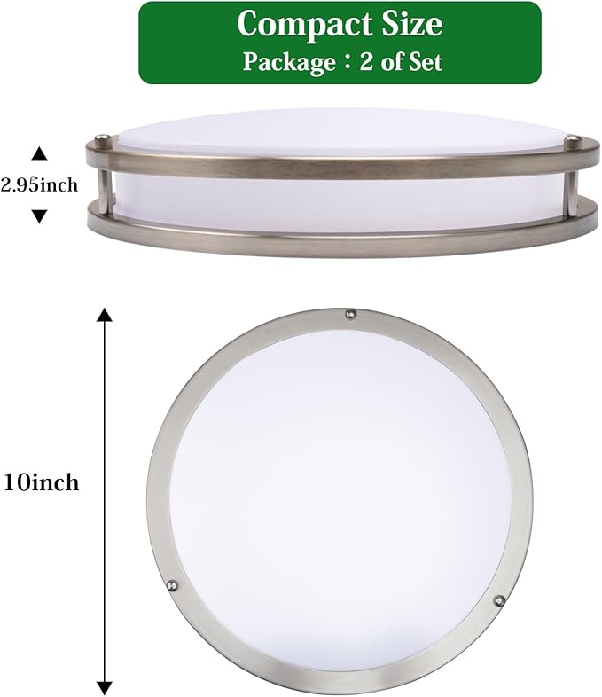 OOWOLF 10 Inch 24W LED Ceiling Lights, 5000K Brightness Adjustable Flush Mount Ceiling Light, Super Bright Brushed Nickel Lighting Lamp Fixture for Bedroom Bathroom Dining, 2-Pack, Daylight White