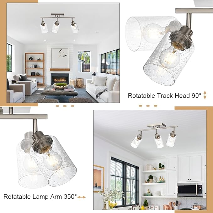 3-Light Rotatable Track Lighting Kit, Brushed Nickel Semi Flush Mount Ceiling Light Vanity Lighting Fixtures Spotlight, Seeded Glass Shades