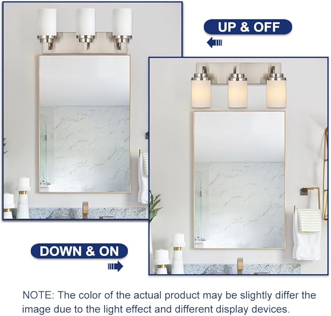 TODOLUZ 3-Lights Vanity Bath Light with Opal White Glass Shades, Modern Bathroom Lighting Over Mirror Brushed Nickel for Kitchen Hallway Bedroom Foyer
