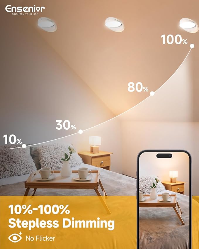 Ensenior 6 Pack 6 inch 5CCT LED Eyeball Recessed Lighting, 360°+90° Rotatable, Dimmable Gimbal Recessed Lights, CRI90+, Canless Angled Adjustable Ceiling Downlight, 1300LM, 12W=115W, 120V - ETL&FCC