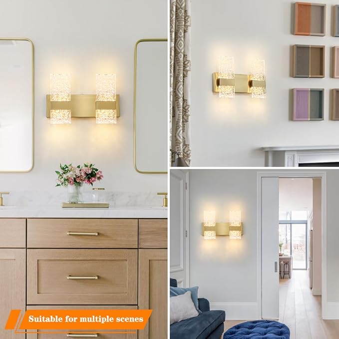 Modern Brushed Gold 4-Lights Bathroom Vanity Light, Eleglant Brass LED Bathroom Light Fixtures over Mirror, Dimmable Acrylic Shade Wall Lighting Fixtures, Hardwired Wall Light(H9.25in, L13.78in)