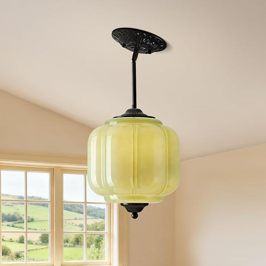 Milk Glass Pendant Light, 9 Inch Green 3 Color Adjustable Mid-Century Ceiling Light Fixture Schoolhouse Hanging Lamp Chandelier for Kitchen Dining Room Hallway Bedroom (Bulbs Included)