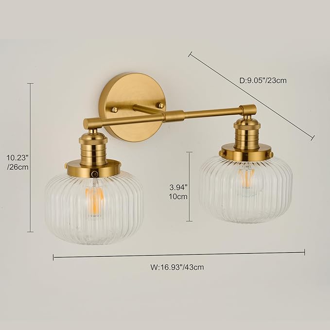 2-Lights Gold Bathroom Vanity Light, Industrial Hardwired Double Sconce Over Mirror with Clear Ribbed Globe Glass Shades, E26 Base Light Fixture for Bathroom Bedroom Hallway Farmhouse Decor