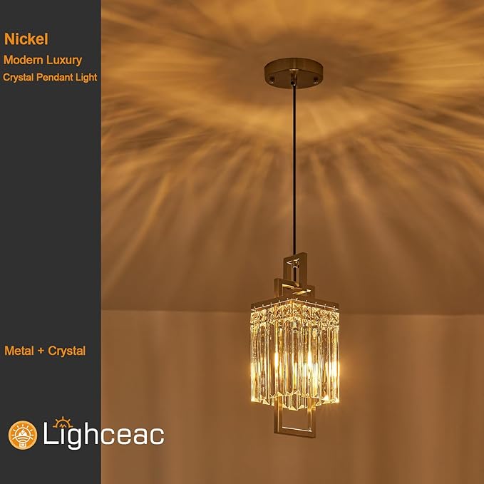 Modern Brushed Nickel Pendant Light Fixture for Kitchen Island and Dining Room, Industrial Small Hanging Crystal Chandelier Light Fixture for Bedroom Entryway Living room Foyer Hallway 1-Pack