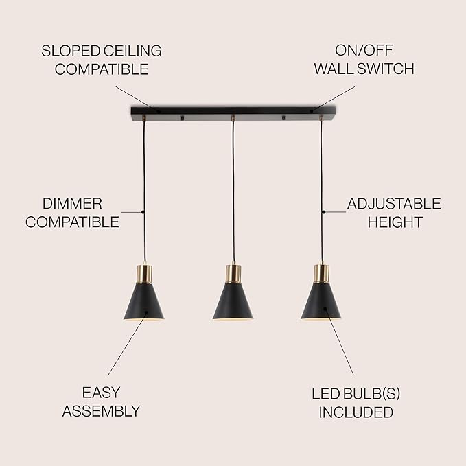 JONATHAN Y 33.5" Black/Brass Gold Apollo Mid-Century Modern Iron LED Pendant, Black Metal Shade, Adjustable Hanging Ceiling Light for Kitchen Island, Hallway, LED Bulb Included (JYL6134A)