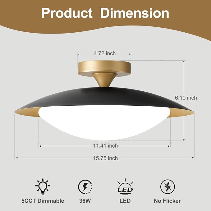 Dimmable Modern Mid-Century Ceiling Light, Black and Gold LED Semi Flush Mount Ceiling Light, 5CCT 2700K-6000K Lighting Fixture Ceiling Lamp with Glass Shade for Bedroom Kitchen Living Room, 15.8in