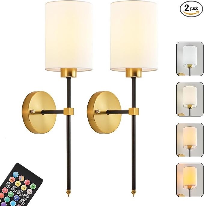 Battery Operated Wall Sconce Set of Two, Wireless Rechargeable Wall Light With Remote Control, Dimmable, 4 Color Temperatures, RGB, Timer, for Living Room,Bedroom,Entryway, Black Gold, 20.6 Inch