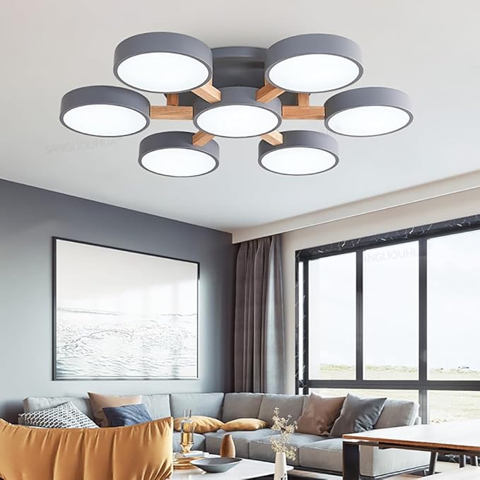 LED Ceiling Light Fixture,32 Inch 7-Lights Modern Ceiling Lights Flush Mount Wooden 84W Chandelier for Living Room Bedroom Kitchen,Dimmable 3000K/4000K/6000K Temperatures Selectable, Grey