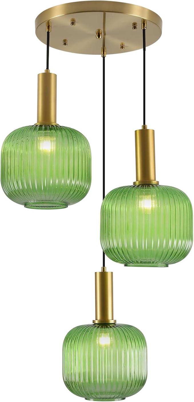 BOKT Green 3-Light Cluster Pendant Lights Mid Century Modern Ceiling Hanging Lighting 7.9" Farmhouse Gold Pendant Lights Kitchen Island with Ribbed Hand Blown Glass for Living Room Dining Room