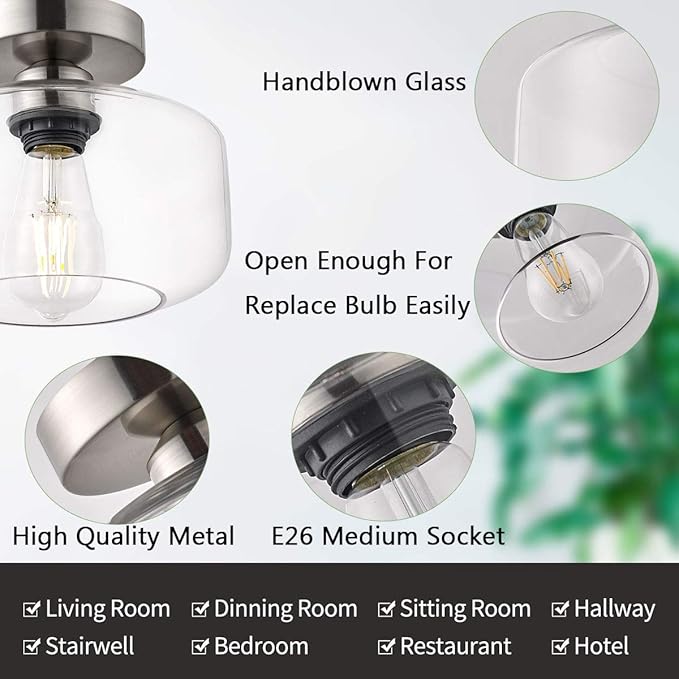 TeHenoo Semi Flush Mount Ceiling Light,Clear Glass Shade, E26 Socket,Brushed Nickel Ceiling Light Fixtures for Hallway,Entryway,Porch