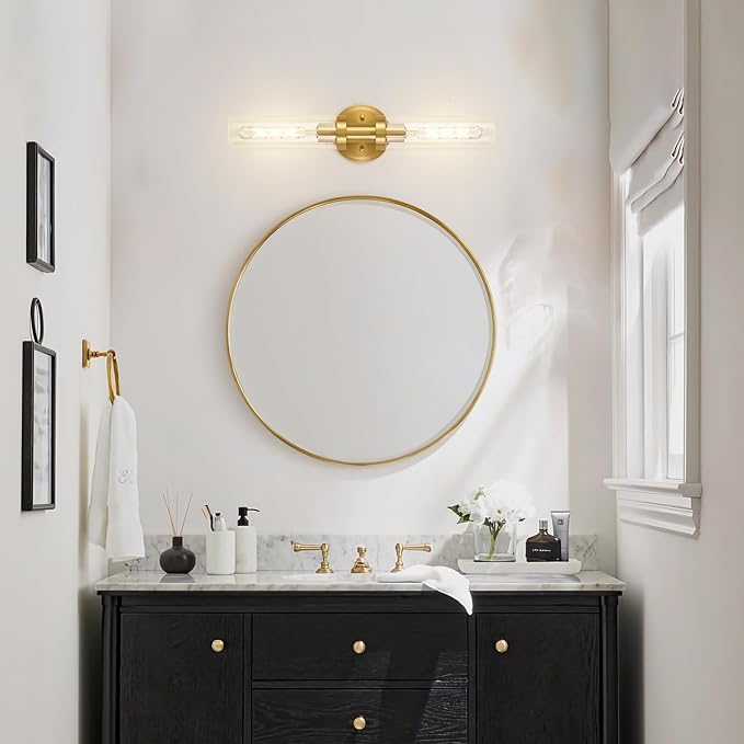 SANTOSTOCK Brushed Gold Bathroom Vanity Light Fixture, 2-Light Modern Wall Sconce Lighting W/Clear Glass, Brass Wall Mount Lamp for Mirror Hallway Kitchen Living Room, E26 T10 Bulbs(Excluded)