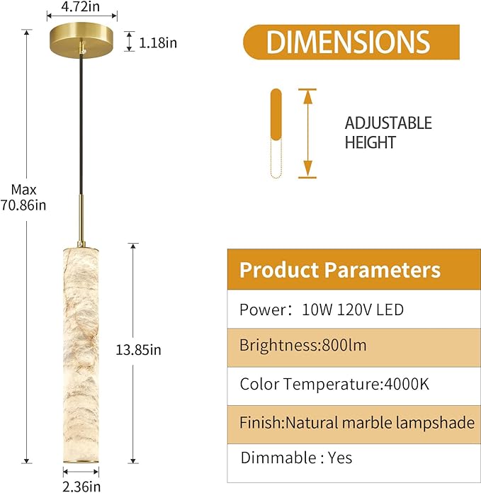 LMQNINE Natural Alabaster Pendant Lights for Kitchen Island White Marble Long Tube Chandelier 4000K Modern Gold Ceiling Light Fixtures for Bedroom Dining Room Table Living Room Hallway(M-3Pack)