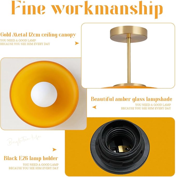 Large Semi Flush Mount Ceiling Light Fixture 13.8" Vintage Glass Ceiling Lights Orange Dome Shade Antique Gold Brass Finish Mid Century Close to Lights for Kitchen Island Hallway