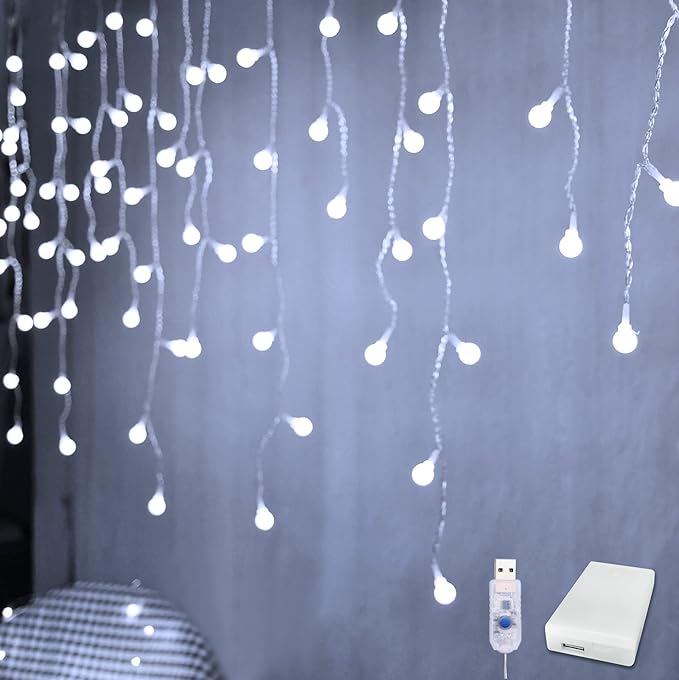 YOLIGHT Fairy Curtain Lights, USB/Battery Powered Ball Icicle Light 13ft 96 LED Globe String Hanging Lights for Bedroom Dorm Wedding Party Christmas Decoration (White)