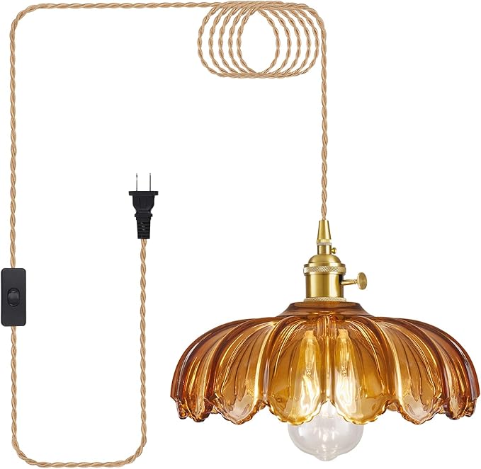 Plug in Pendant Light, Hanging Lights with Plug in Cord, Hanging Light Fixture with Amber Color Glass, E26 Pendant Lighting for Kitchen Island, Bedroom, Dining Room-Browm