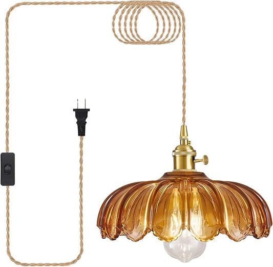 Plug in Pendant Light, Hanging Lights with Plug in Cord, Hanging Light Fixture with Amber Color Glass, E26 Pendant Lighting for Kitchen Island, Bedroom, Dining Room-Browm