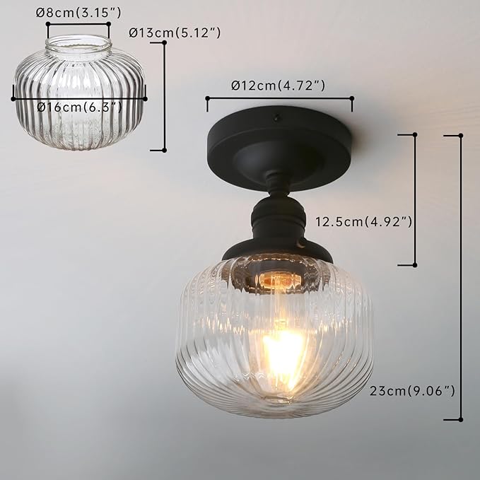 Industrial Semi Flush Mount Ceiling Light, Clear Striped Glass Pendant Shade Farmhouse Light Fixture, Close to Ceiling Light Fixture for Porch, Hallway, Entryway, Kitchen, Bedroom, Hotel