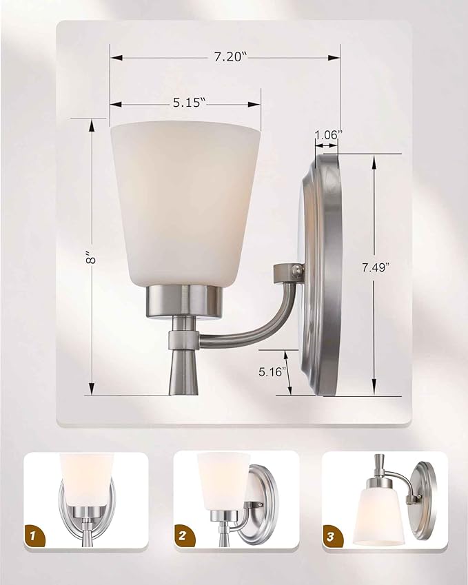 GRUENLICH Wall Sconces for Bathroom, Brushed Nickel Vanity Light Fixture Over Mirror, Single Hardwired Sconce with Frosted Glass Shades for Bedroom, Living Room, Modern Home Decor