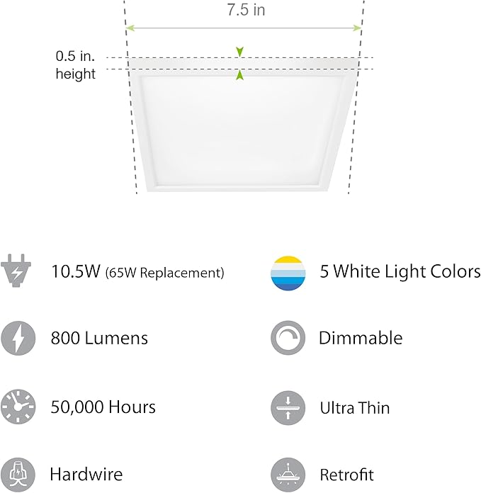 Feit Electric 7.5 Inch LED Square Ceiling Light, Dimmable Flat Panel Light with Color Selection (5CCT), Fits 5/6 Inch Recessed Cans, TP24 Adapter Included (7.6"x 7.6"x 1.3"), 4 Pack, 74208/6WYCA/4