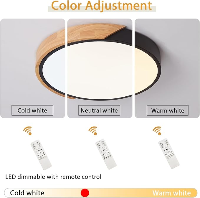 Flush Mount Ceiling Light - Dimmable 3000-6500K with Remote, Modern Black 15.7 inch Light Fixture for Kitchen, Bedroom, Hallway, Living Room